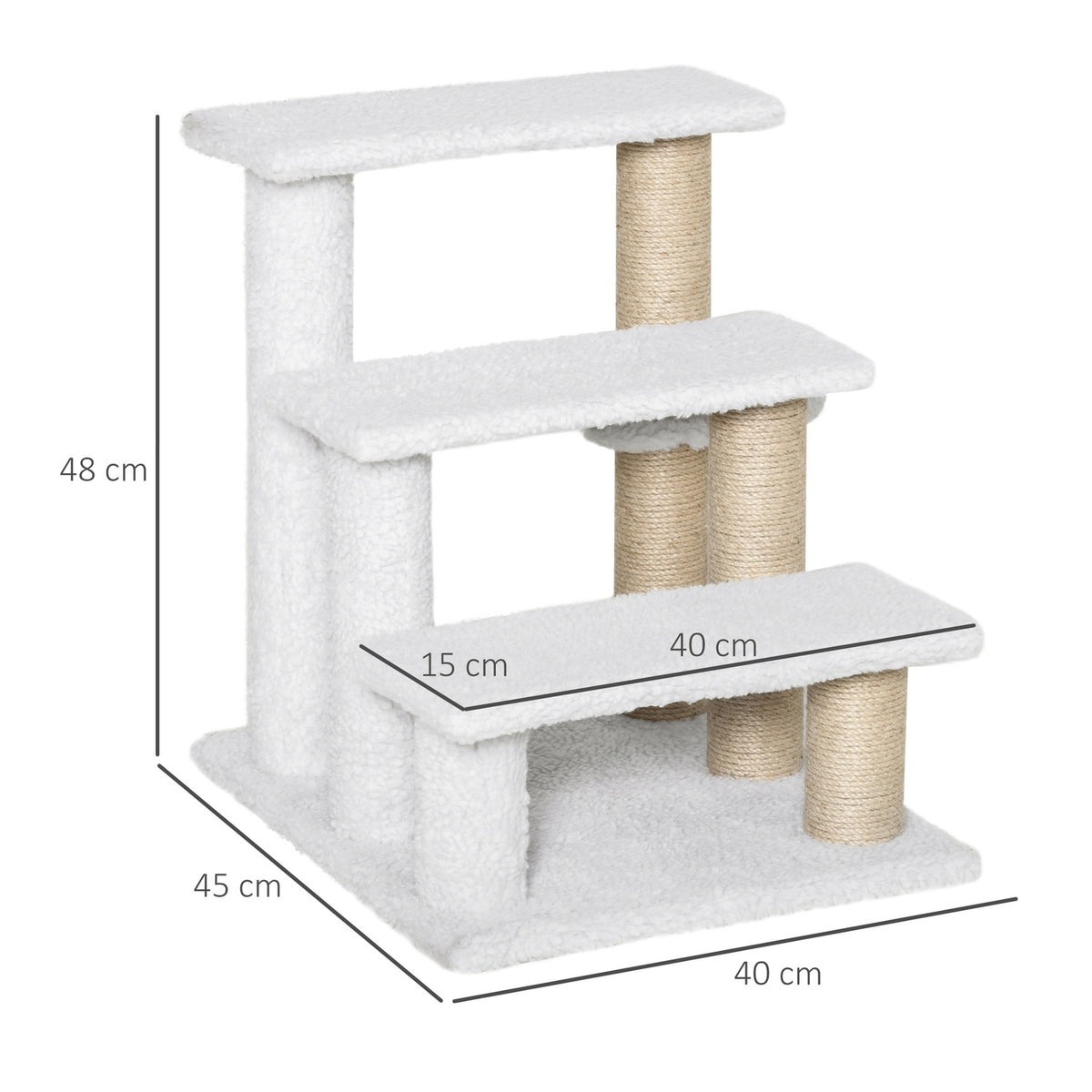 Pet Stairs With Scratching Post Ball 3-Step Cat Stairs Dog Stairs Animal Stairs Chipboard Plush Jute White 45 X 40 X 48 Cm