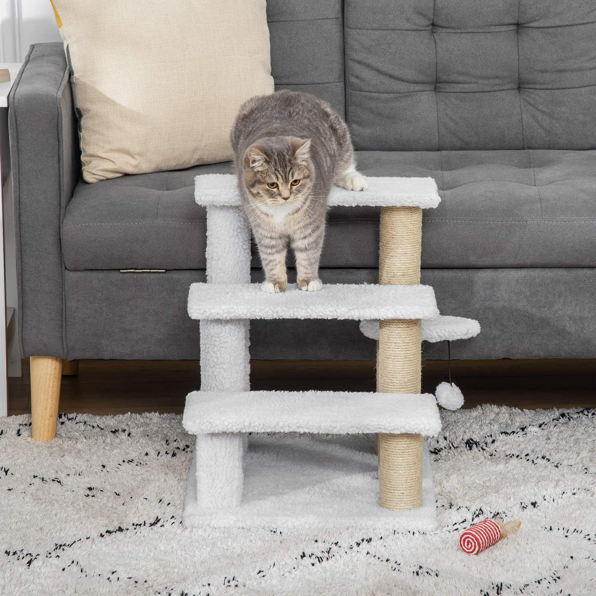 Pet Stairs With Scratching Post Ball 3-Step Cat Stairs Dog Stairs Animal Stairs Chipboard Plush Jute White 45 X 40 X 48 Cm