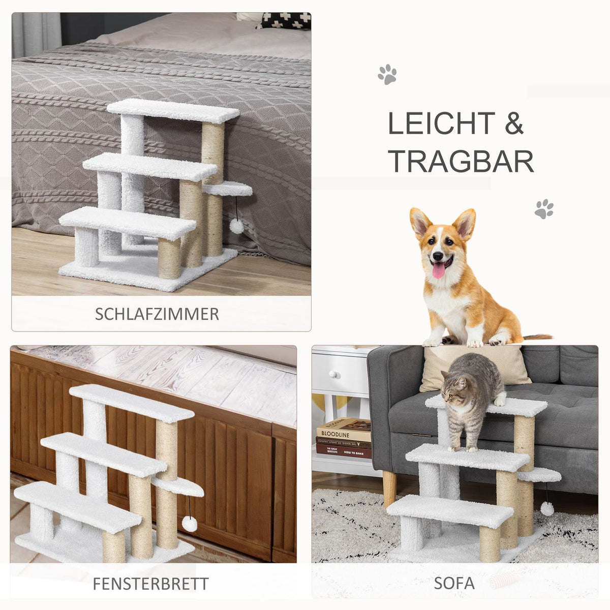 Pet Stairs With Scratching Post Ball 3-Step Cat Stairs Dog Stairs Animal Stairs Chipboard Plush Jute White 45 X 40 X 48 Cm