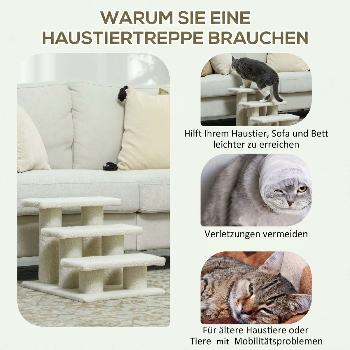 Pet Stairs with 3 Plush Steps, Beige, 45 x 35 x 34 cm