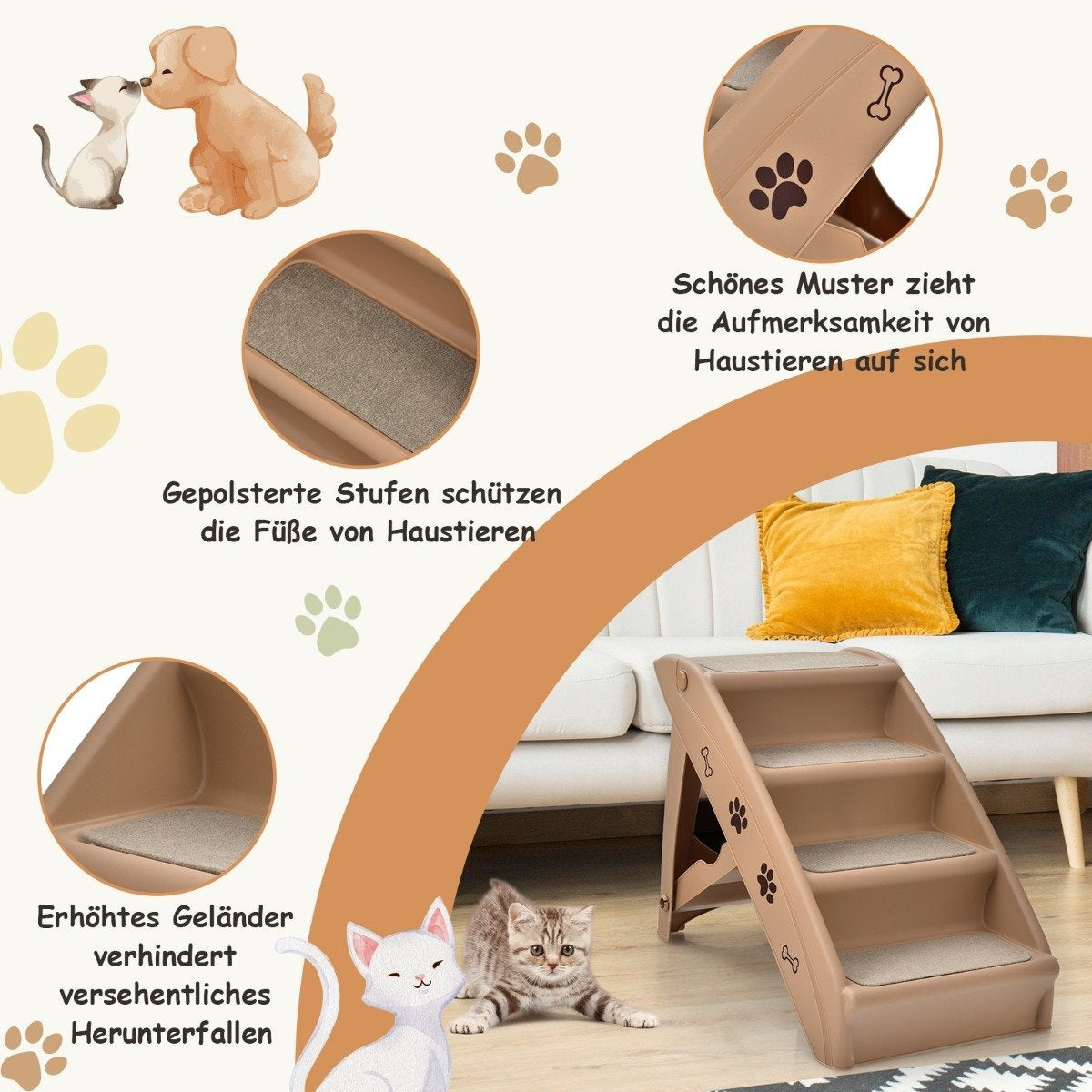 Pet Stairs with 4 Steps Portable Climbing Ladder Safe Dog Ramp 62.5 x 38 x 49cm Brown
