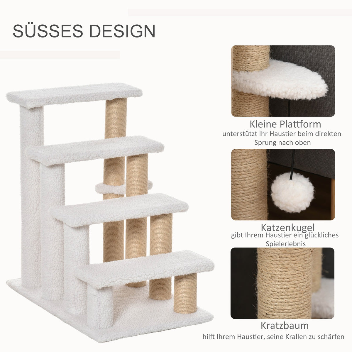 Pet Stairs with Scratching Post 4-Step Cat Stairs & Dog Stairs, Chipboard, Plush, Jute, White, 60x40x64cm