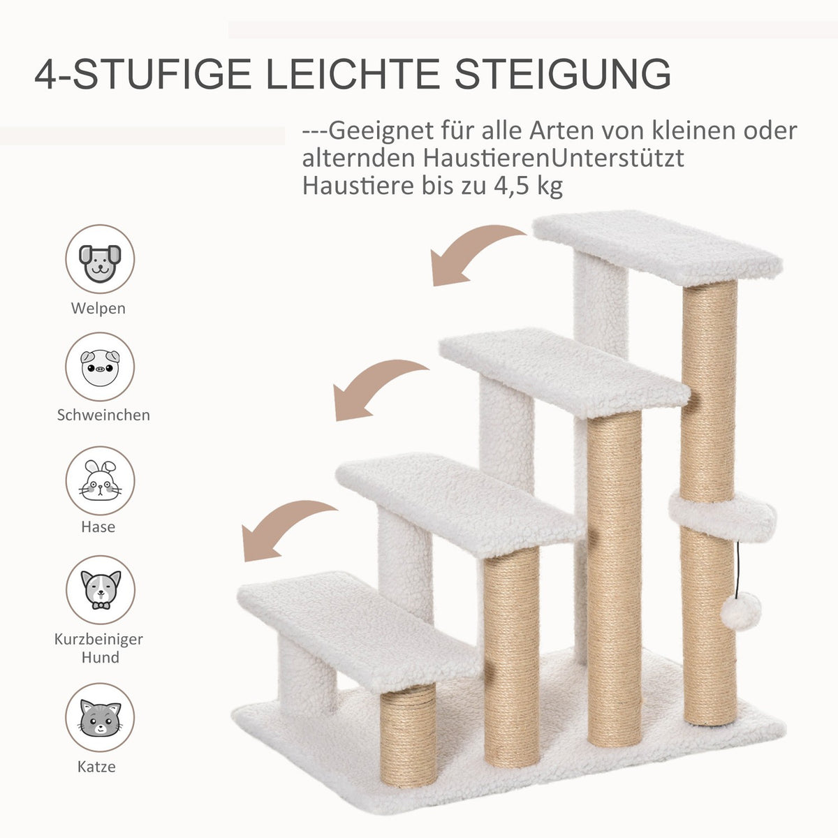 Pet Stairs with Scratching Post 4-Step Cat Stairs & Dog Stairs, Chipboard, Plush, Jute, White, 60x40x64cm