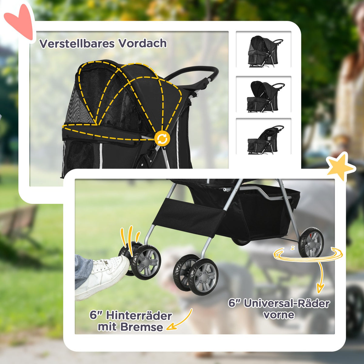 Pet Stroller for Small Dogs, Foldable, Black, 10kg Capacity
