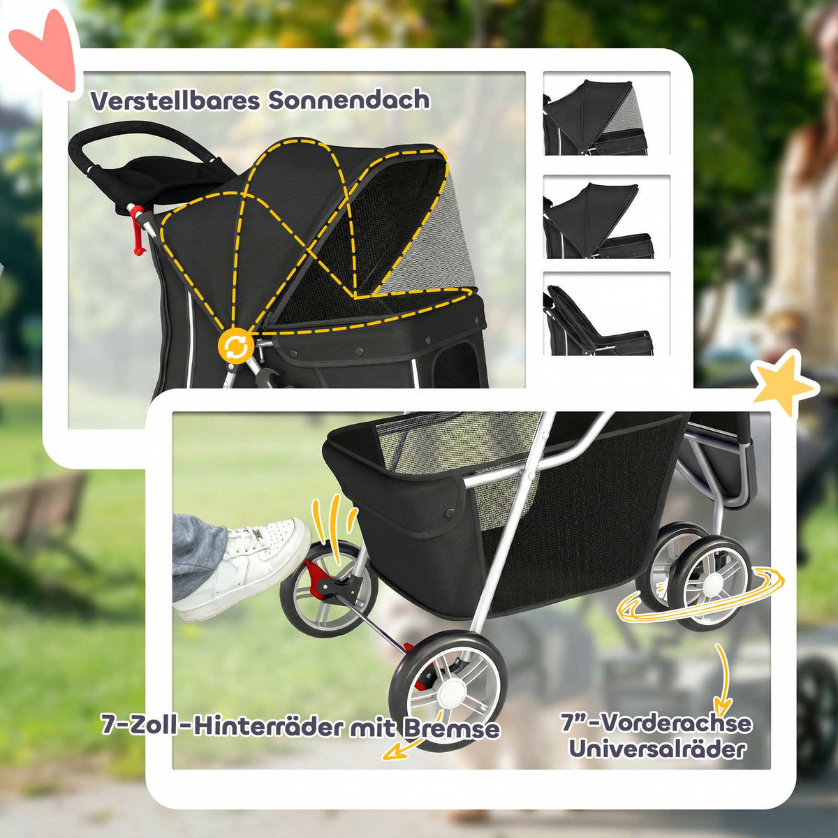 Pet Stroller with Mesh Canopy, Foldable, 10kg Capacity