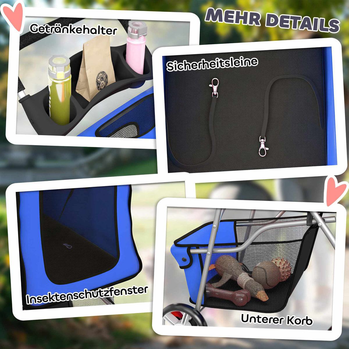 Pet Stroller with Mesh Windows and Rain Cover, Blue