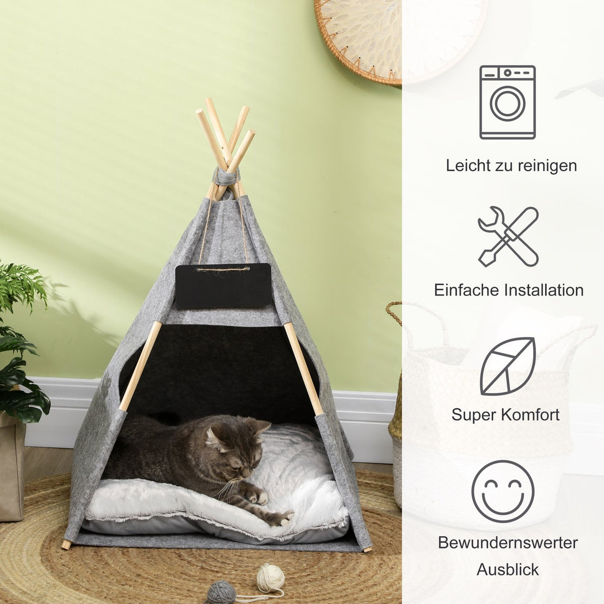Pet Tent Cozy Cat House & Dog Tent With Soft Cushion Plush Felt Machine Washable Gray 58X58X80Cm