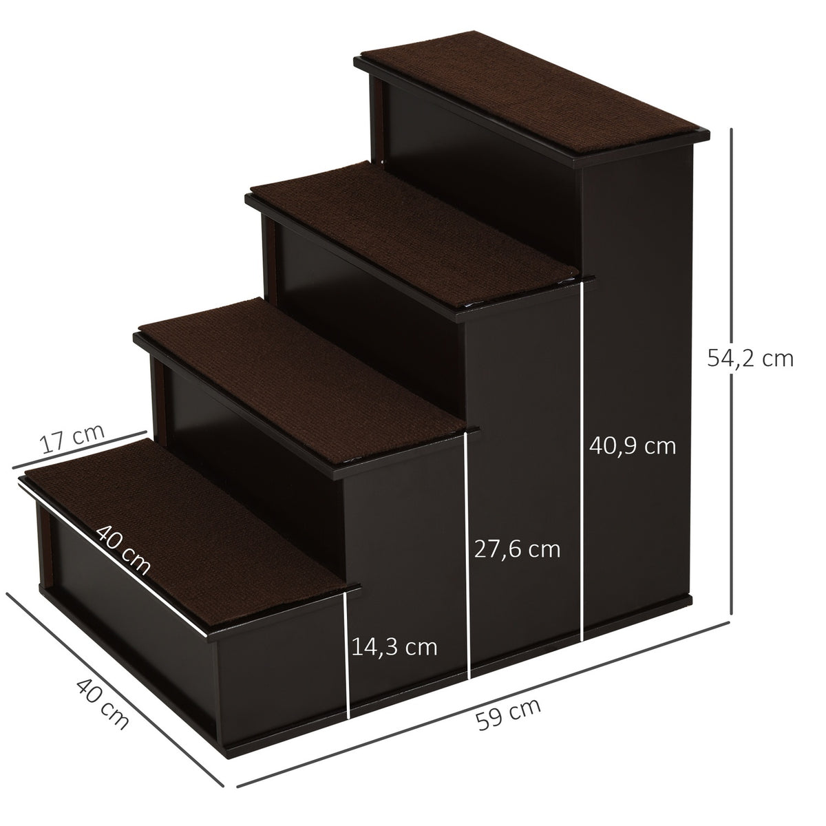 Pet stairs, dog stairs/cat stairs with carpet, entry aid, MDF, dark brown, 40x59x54.2cm