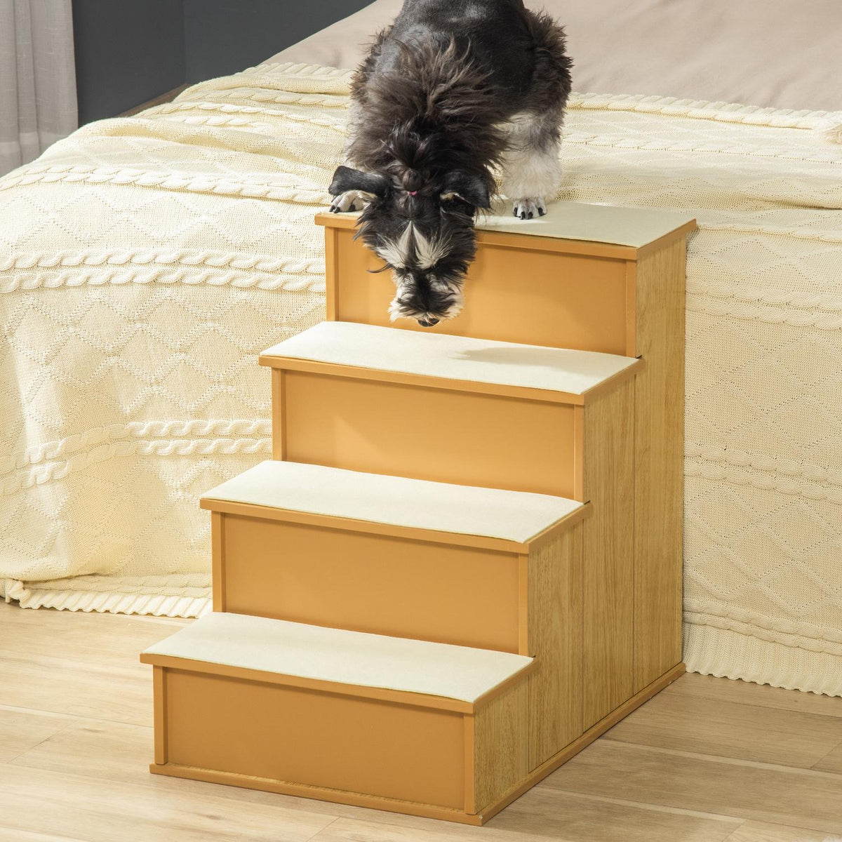 Pet stairs, for dogs/cats, 4 steps, short plush, up to 30 kg, 40 x 59 x 54.2 cm, natural