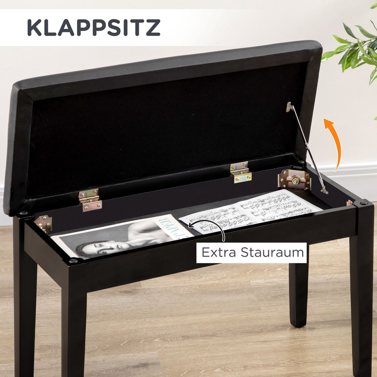Piano Bench, Height-Adjustable Piano Stool With Hidden Storage Space, Piano Bench With Leather Cushion, Black, 75 X 35 X 49 Cm