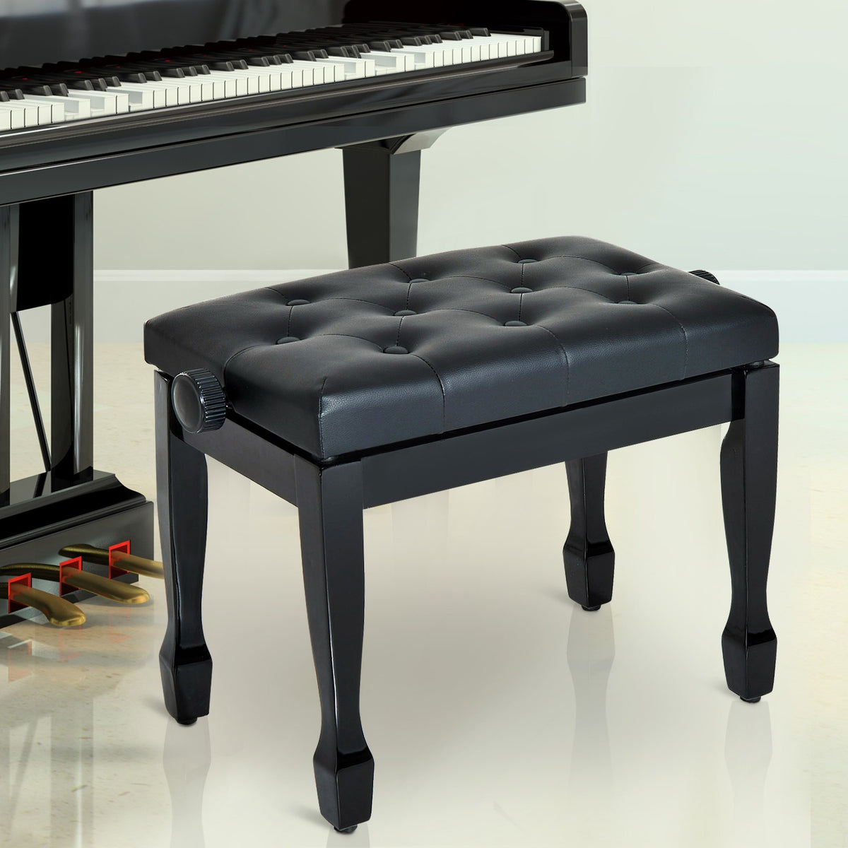 Piano Stool Piano Bench Cosmetic Stool Height Adjustable Stool Practicing Musical Instruments Solid Wood Faux Leather Black 64 X 35 X 45-55 Cm
