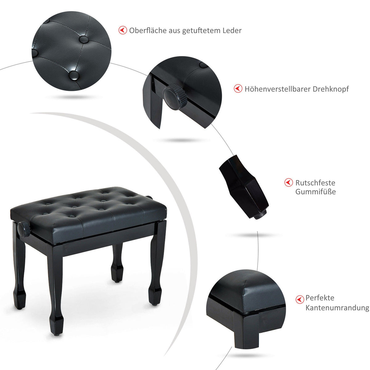 Piano Stool Piano Bench Cosmetic Stool Height Adjustable Stool Practicing Musical Instruments Solid Wood Faux Leather Black 64 X 35 X 45-55 Cm
