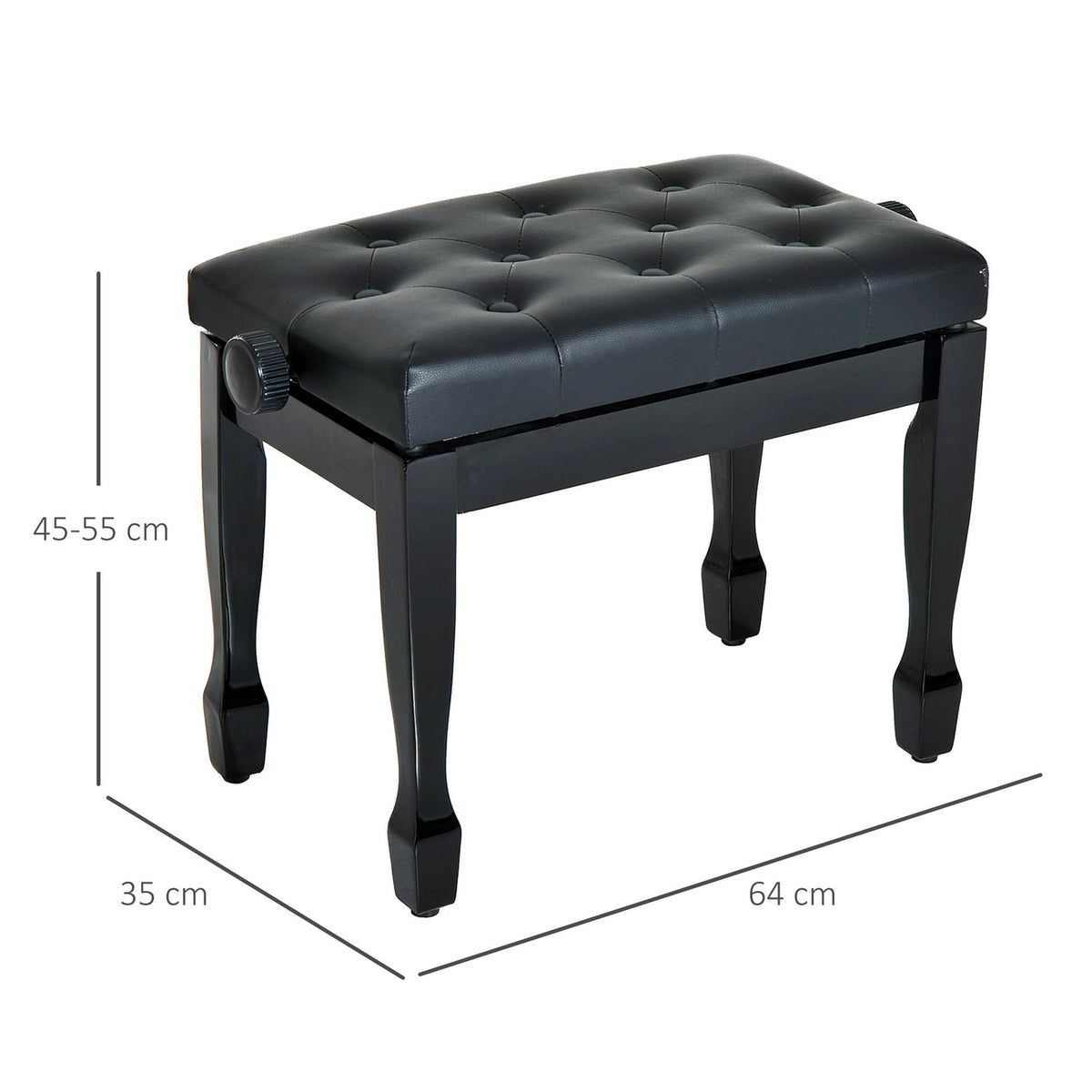Piano Stool Piano Bench Cosmetic Stool Height Adjustable Stool Practicing Musical Instruments Solid Wood Faux Leather Black 64 X 35 X 45-55 Cm