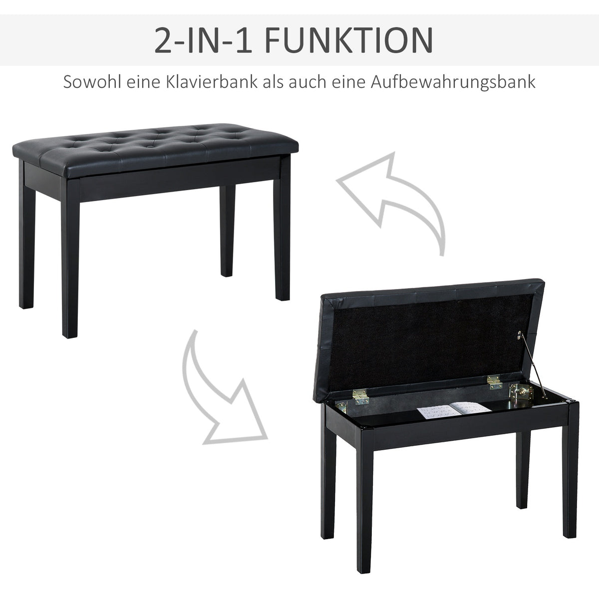 Piano Stool Piano Bench Traditional Country House Style Cosmetic Stool Storage Space Rubber Wood Faux Leather Black 76 X 36 X 50 Cm