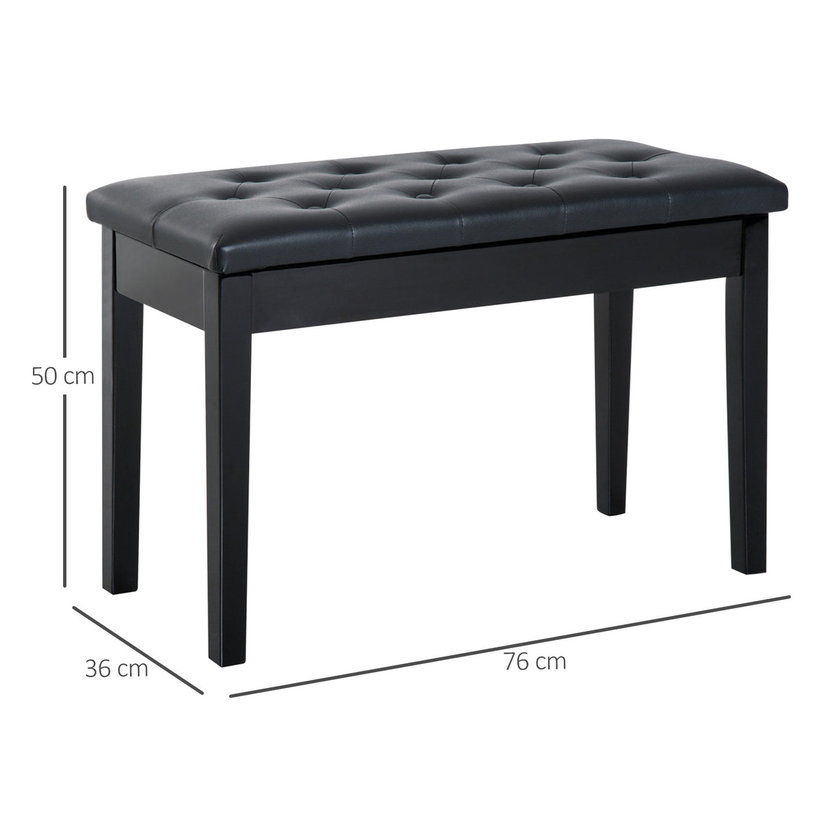Piano Stool Piano Bench Traditional Country House Style Cosmetic Stool Storage Space Rubber Wood Faux Leather Black 76 X 36 X 50 Cm