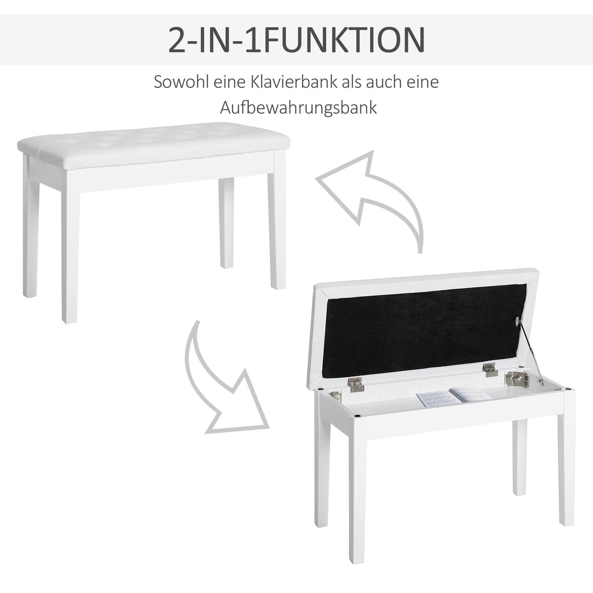 Piano Stool Piano Bench Traditional Country House Style Cosmetic Stool Storage Space Rubber Wood Faux Leather White 76 X 36 X 50 Cm