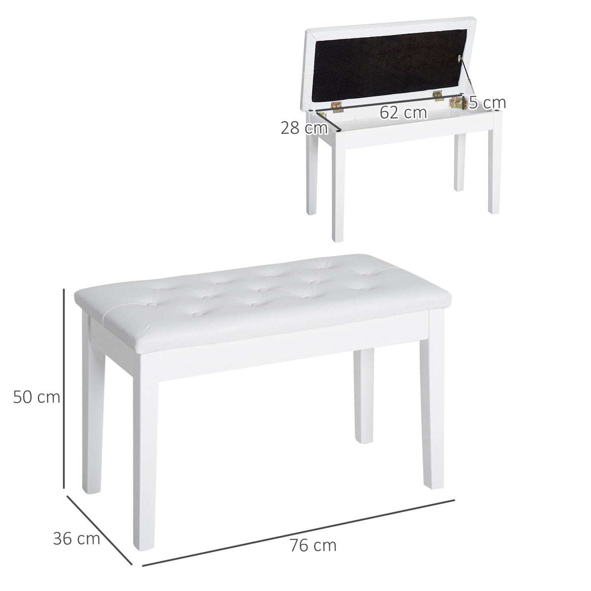 Piano Stool Piano Bench Traditional Country House Style Cosmetic Stool Storage Space Rubber Wood Faux Leather White 76 X 36 X 50 Cm