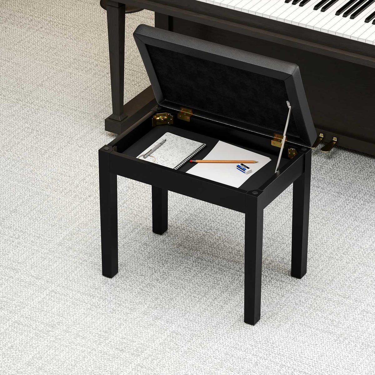 Piano bench, faux leather cover, quilted buttons, storage space, wooden legs, black