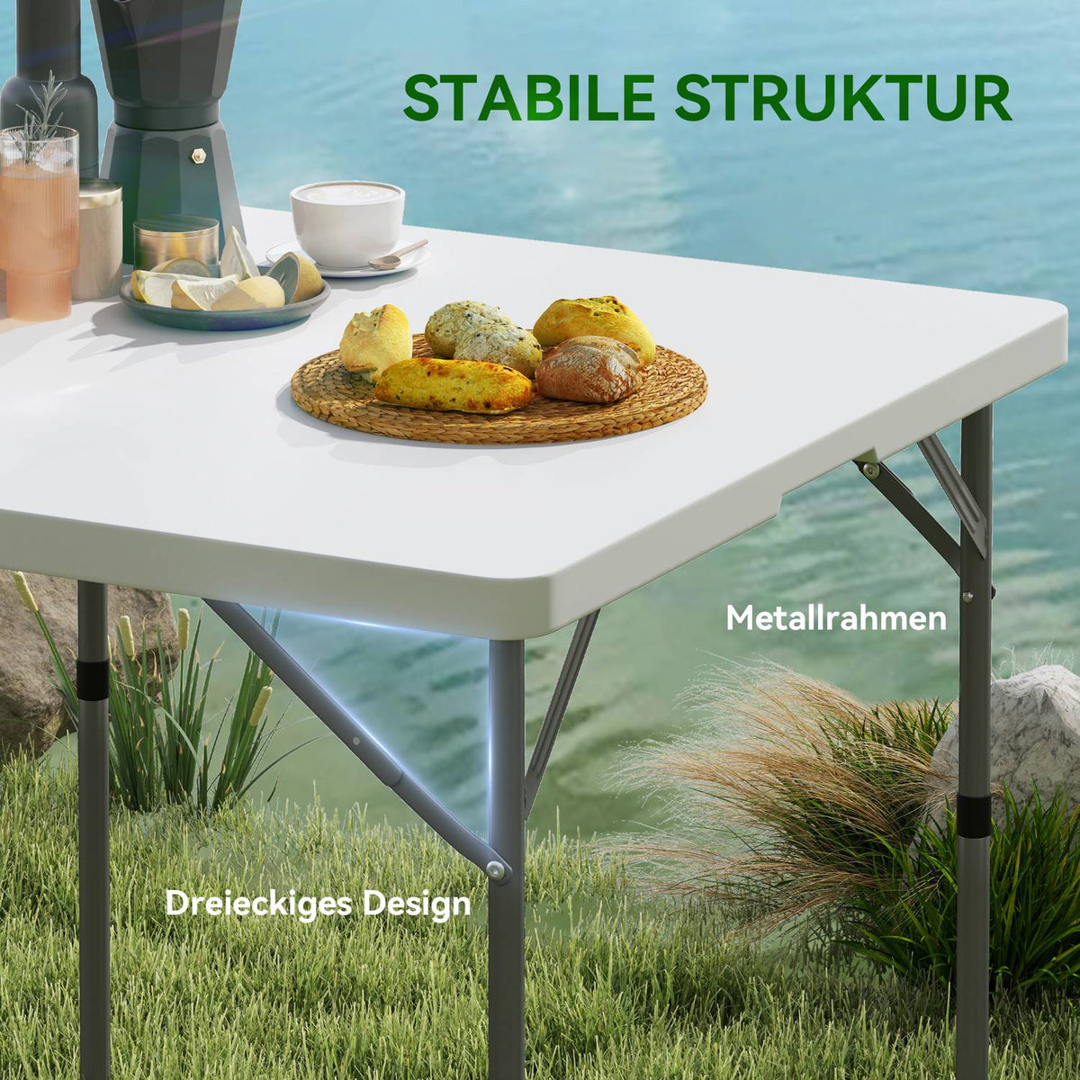 Picnic Table, Folding Camping Table, Height Adjustable Folding Table, for Garden Parties, Camping, Barbecue, Plastic, Metal, White