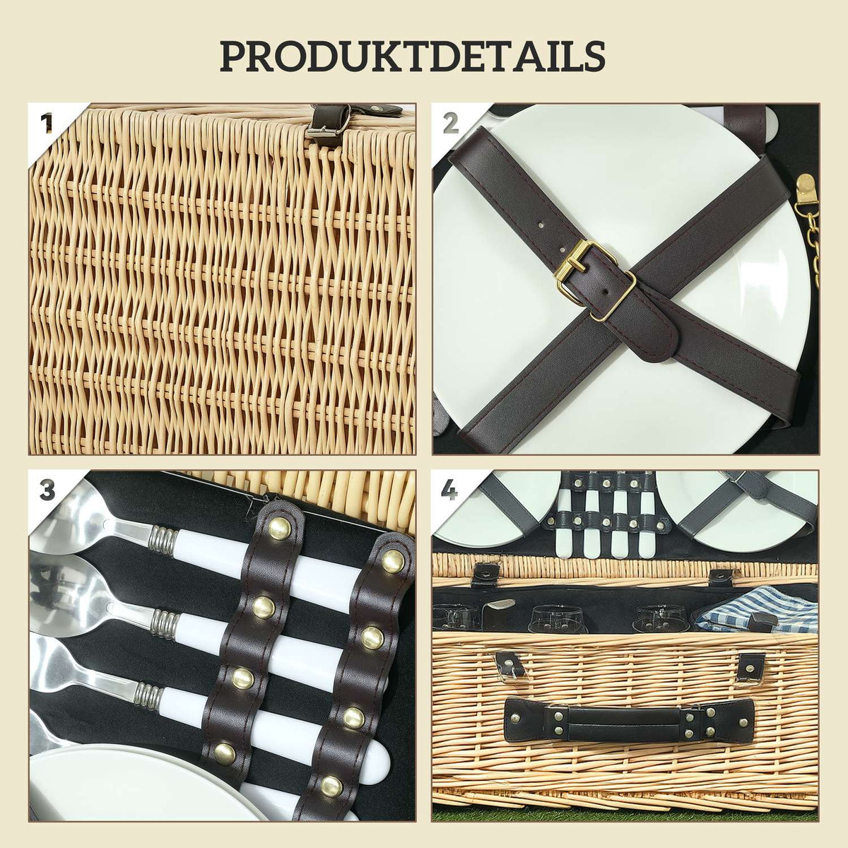 Picnic basket made of willow wood, picnic suitcase for 4 people with insulated cooling compartment, picnic blanket, cutlery set, picnic set, complete set for camping, beach, Christmas, natural wood