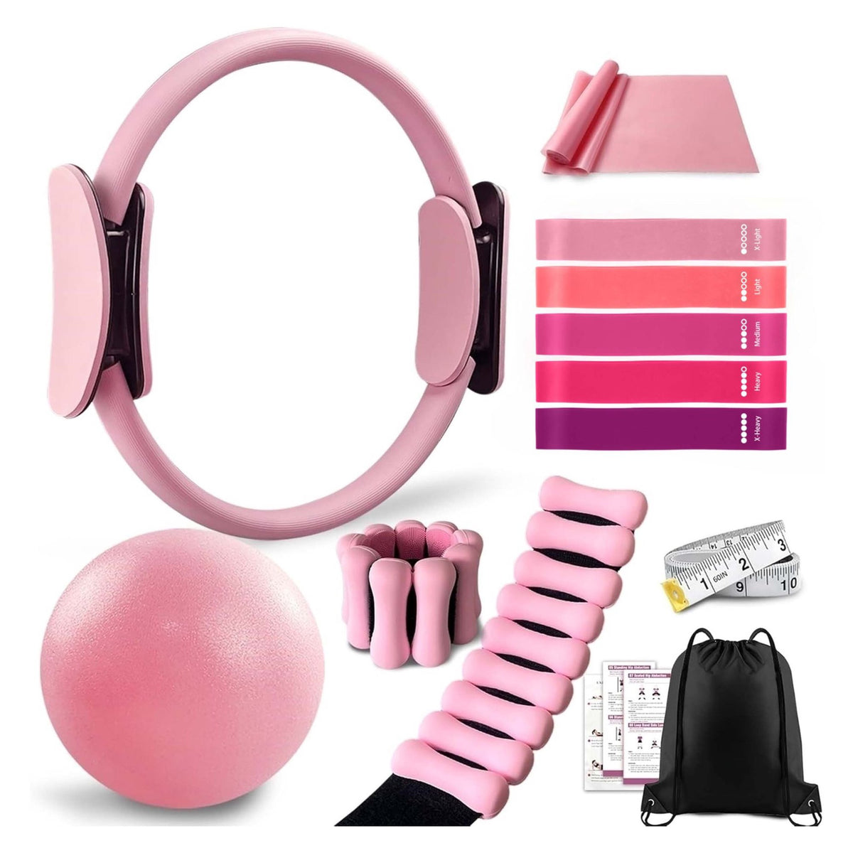 Pilates Set, 13-Piece Kit with Bands and Weights - Pink