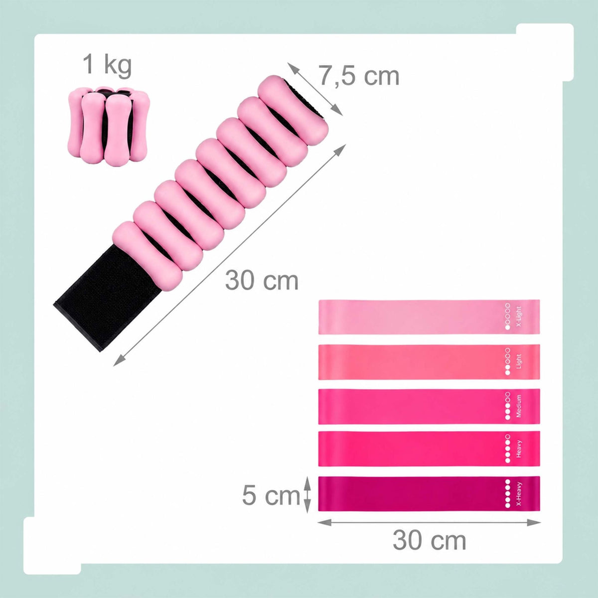 Pilates Set, 13-Piece Kit with Bands and Weights - Pink