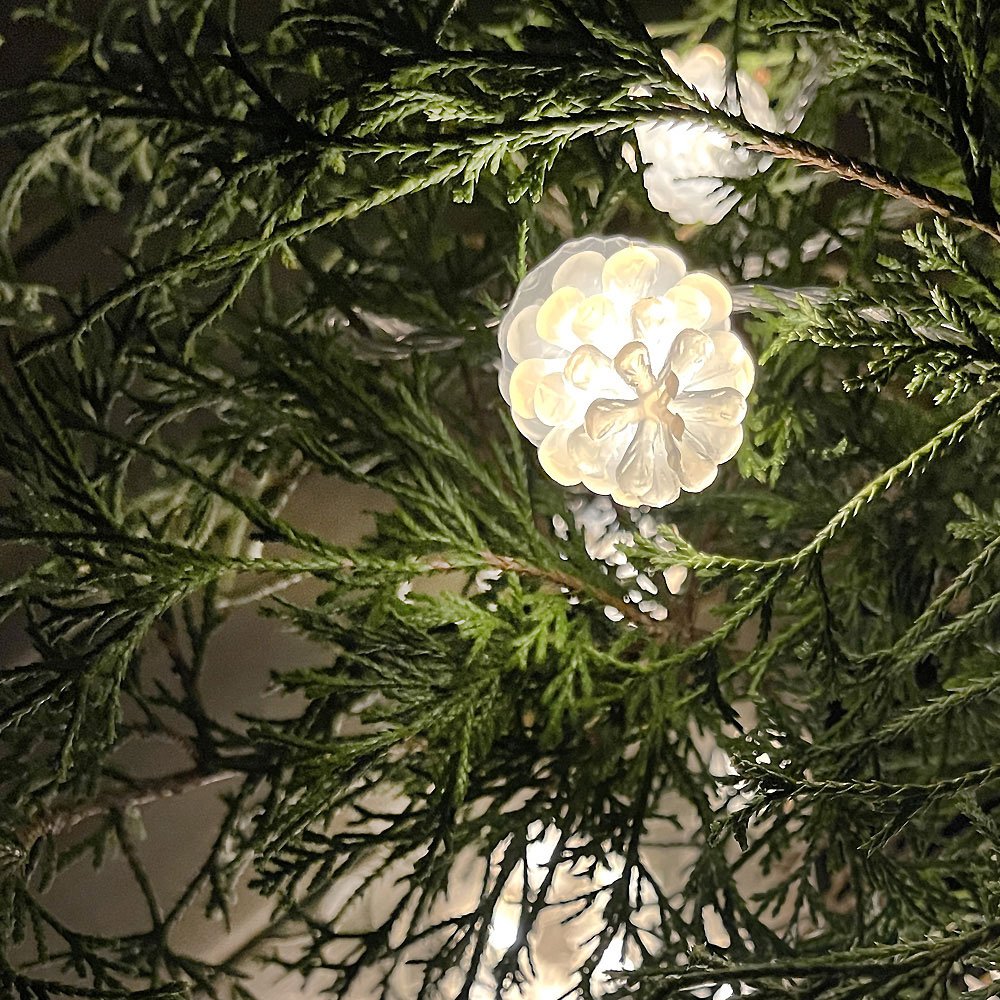 Pine 10m string light white iridescent cones
