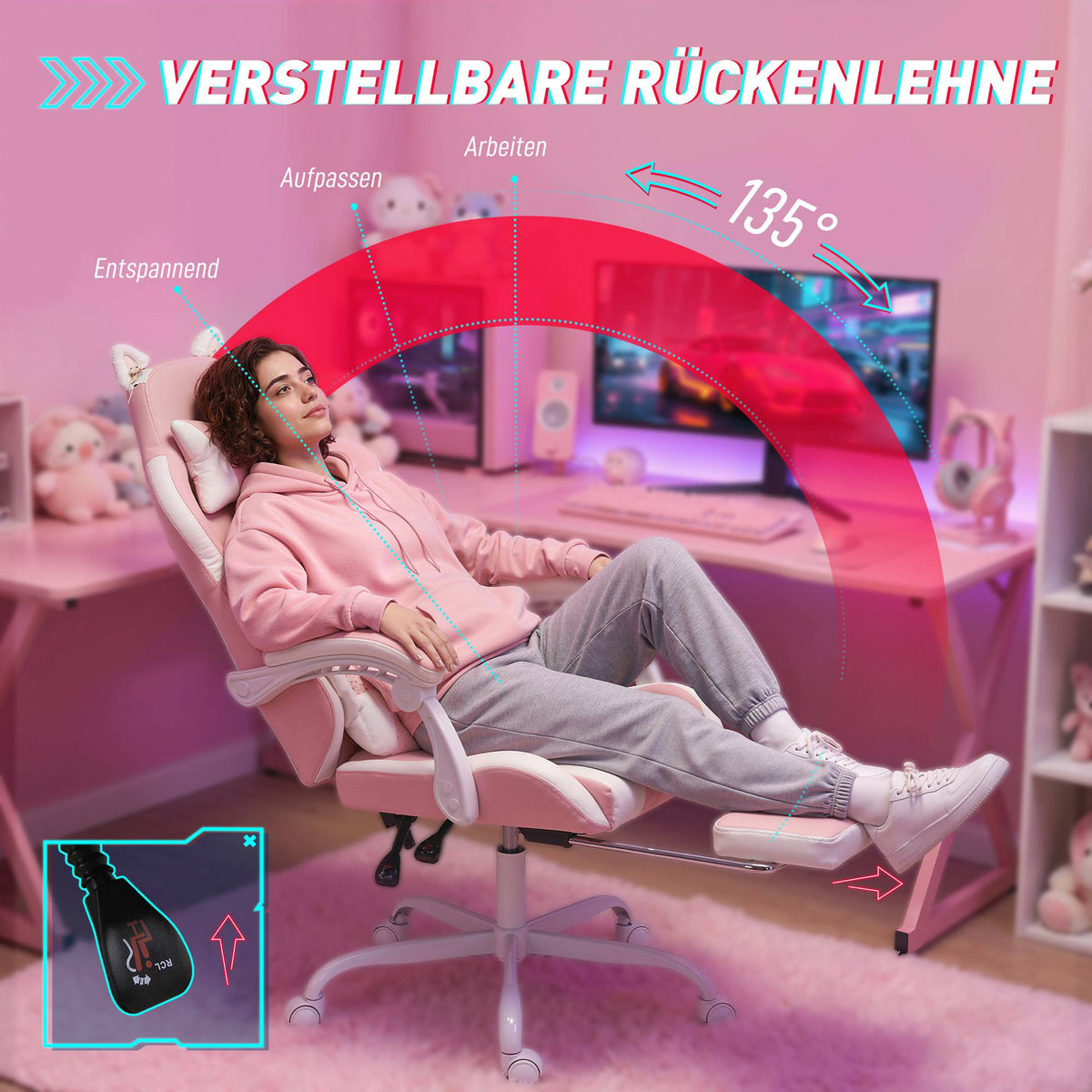 Pink Gaming Chair with Cat Ears and Lumbar Support