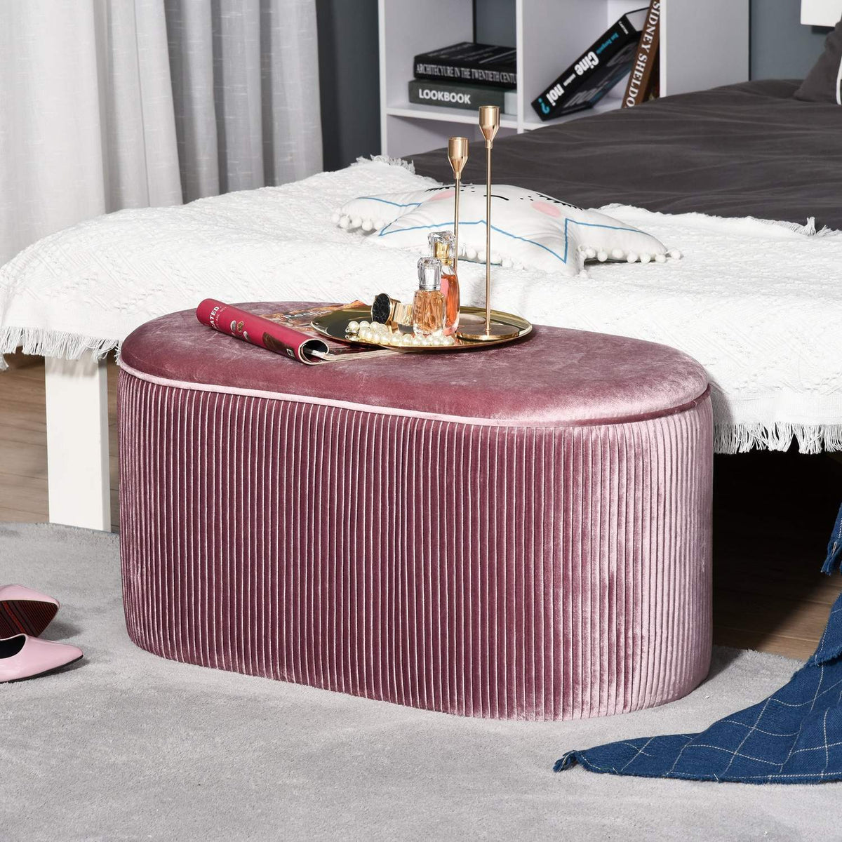 Pink Upholstered Bench With Storage Space In French Style, Velvet, Elegant, 81X40X41Cm