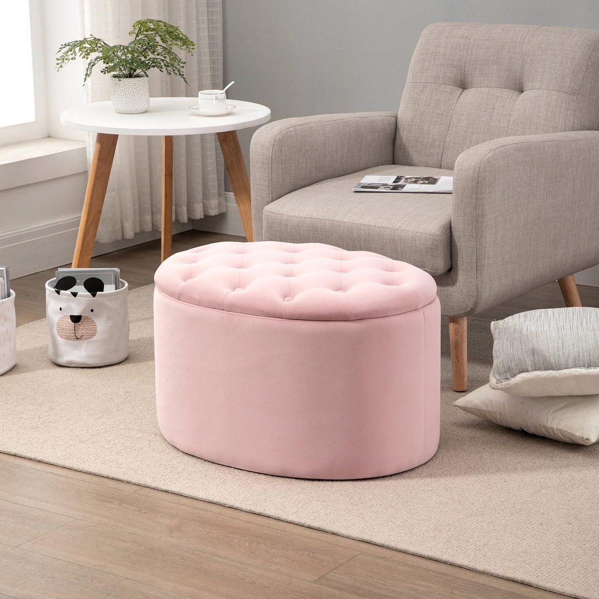 Pink Upholstered Bench With Storage Space, Velvety Polyester, Rubber Wood, Oval Shape, For Living Room, 71X52X42Cm