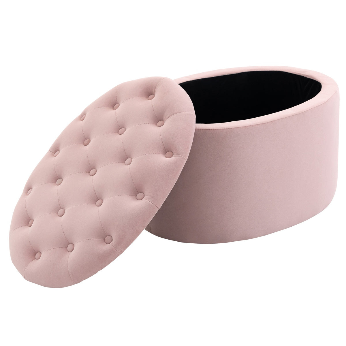 Pink Upholstered Bench With Storage Space, Velvety Polyester, Rubber Wood, Oval Shape, For Living Room, 71X52X42Cm
