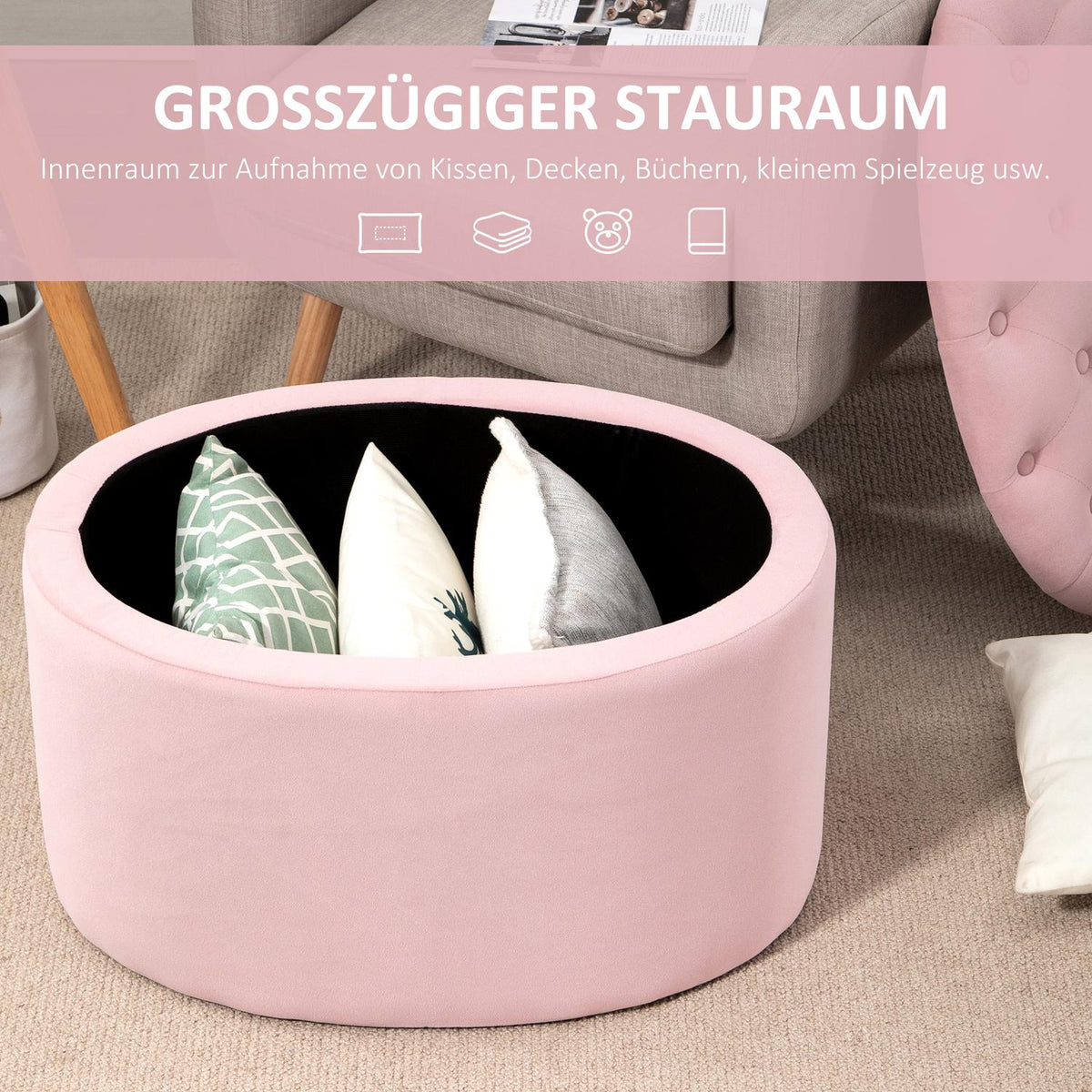 Pink Upholstered Bench With Storage Space, Velvety Polyester, Rubber Wood, Oval Shape, For Living Room, 71X52X42Cm