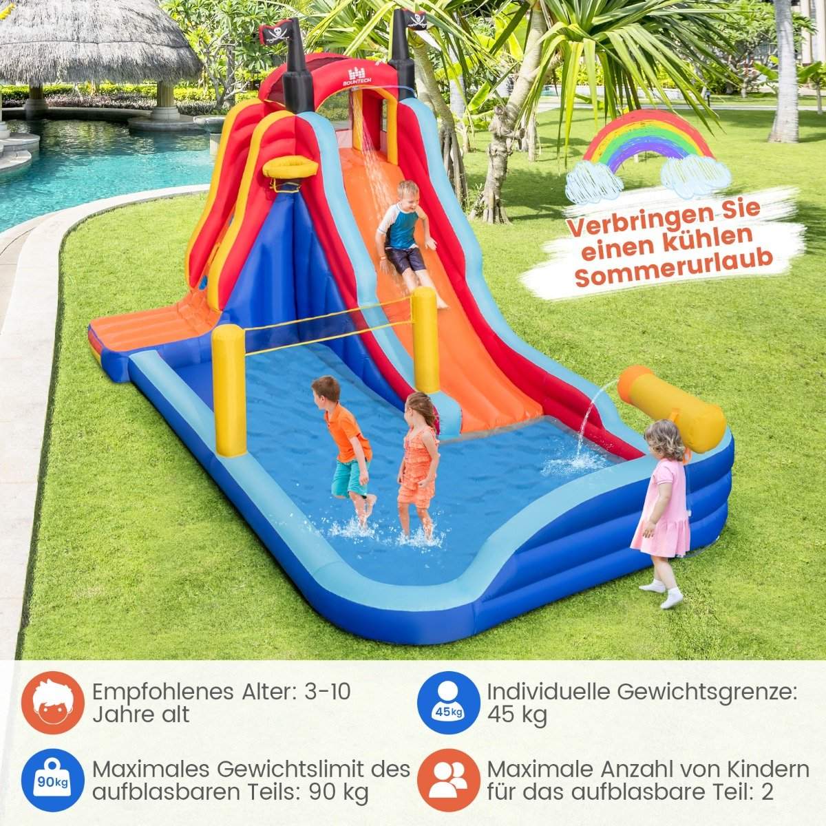 Pirate-themed 5 in 1 inflatable water park with slide, paddling pool, basketball hoop & climbing wall without blower