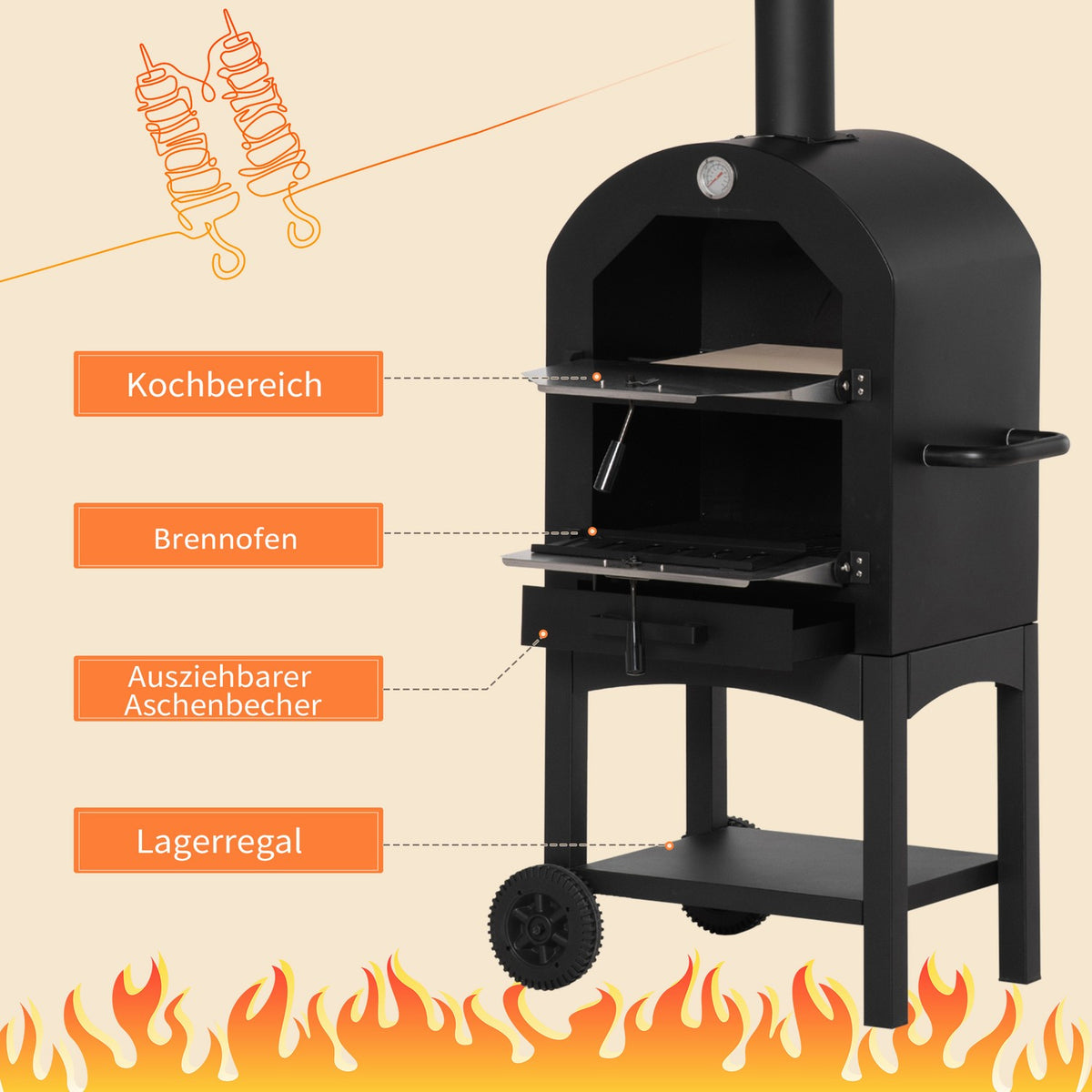 Pizza Oven Outdoor 2-In-1 With Wheels, Grill Oven, Protective Cover, Pizza Shovel, 2 Grill Nets, 3-Tier Wood-Burning Oven, 63X54X161Cm