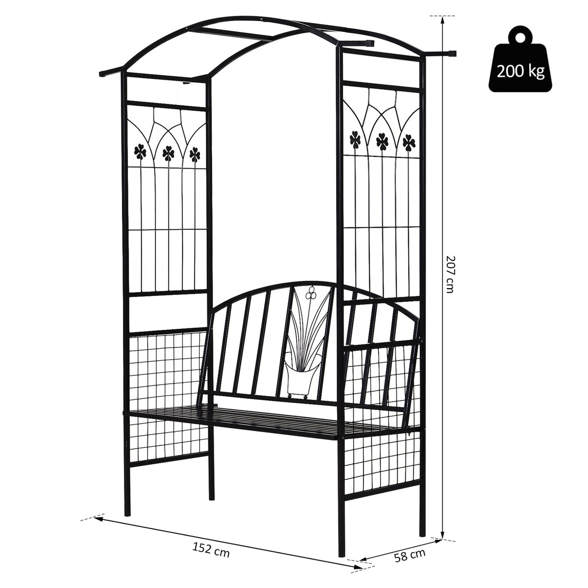 Plant Arch With Bench Bench Arch Trellis Garden Arch Roof Metal Black 154 X 60 X 205 Cm