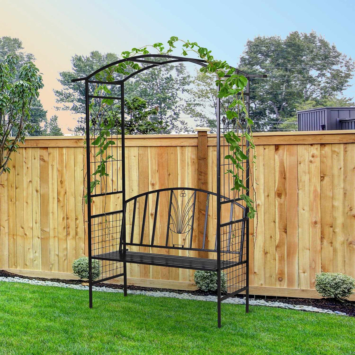 Plant Arch With Bench Bench Arch Trellis Garden Arch Roof Metal Black 154 X 60 X 205 Cm