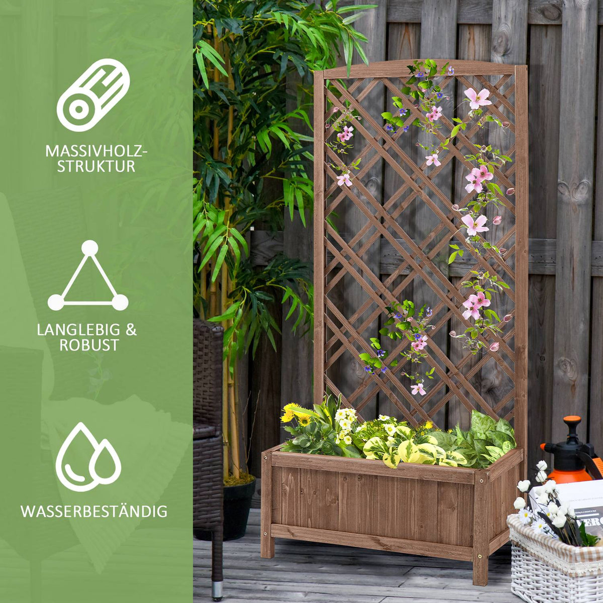 Plant Box Flower Stand With Trellis, Wood, Yellow, 60X30X122.5Cm