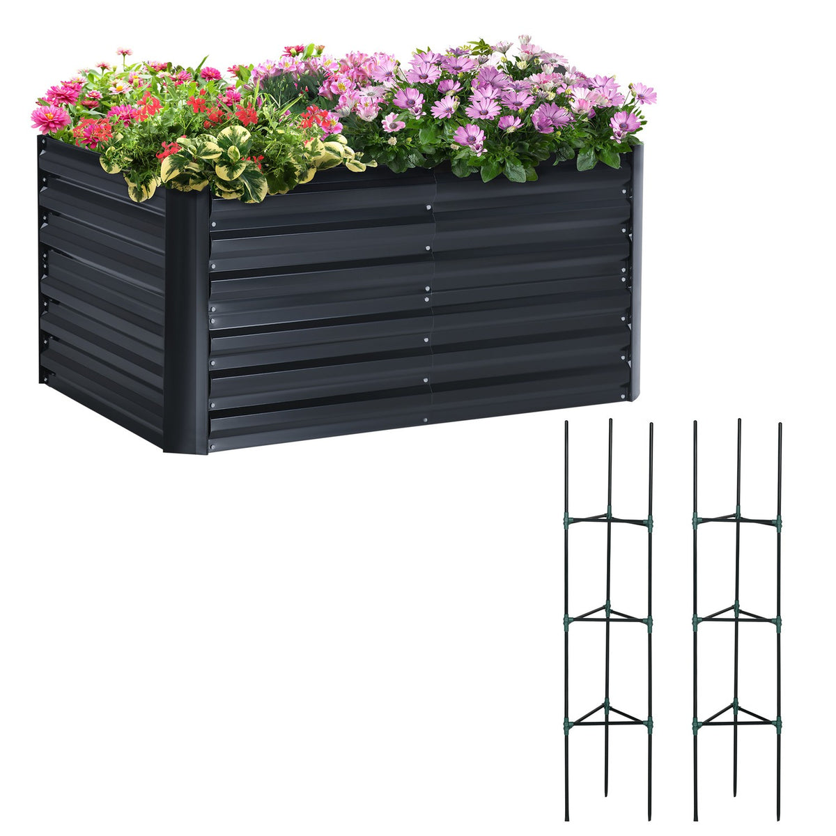Plant Box With Support Grid 3-Piece Raised Bed Set For Garden, Steel, Dark Gray, 120X90X59Cm