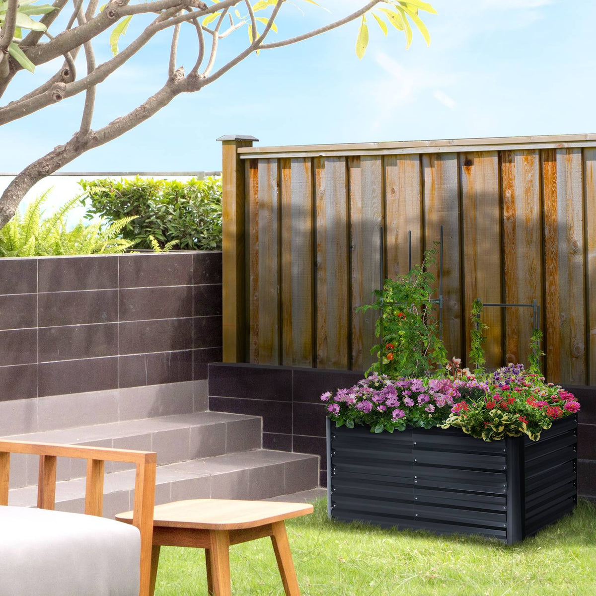 Plant Box With Support Grid 3-Piece Raised Bed Set For Garden, Steel, Dark Gray, 120X90X59Cm