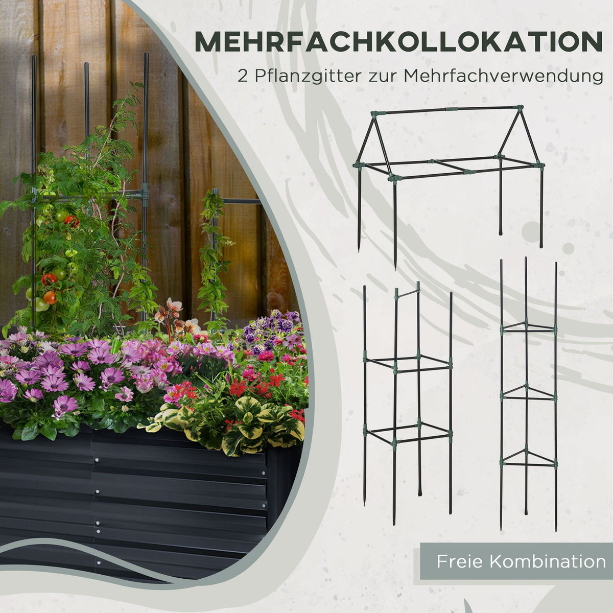 Plant Box With Support Grid 3-Piece Raised Bed Set For Garden, Steel, Dark Gray, 120X90X59Cm