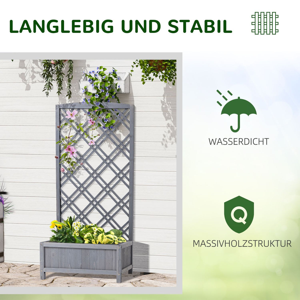Plant Box With Trellis, Flower Box For Climbing Plants, Wood, Light Grey, 64X28X120Cm
