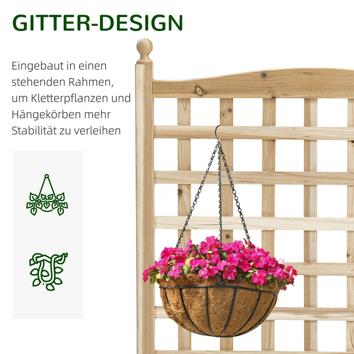 Plant Box With Trellis, Flower Box For Climbing Plants, Wood, Natural, 64X28X120Cm
