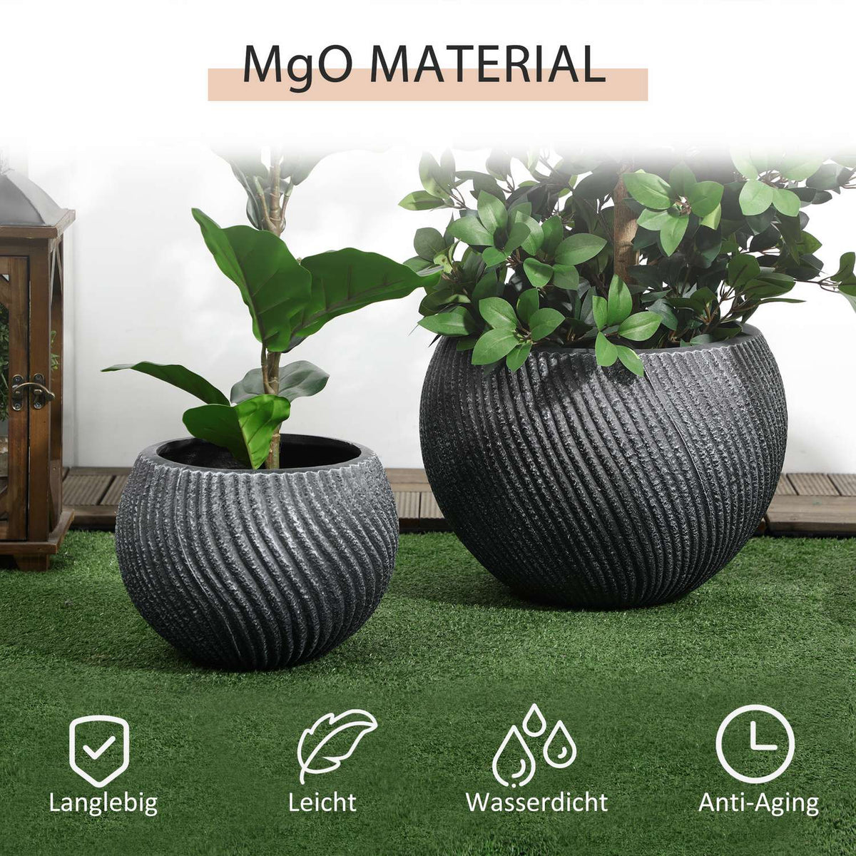 Plant Pots Set Of 2 Flower Pots With Drainage Holes, Stackable, Indoor & Outdoor, Magnesium Oxide, Grey