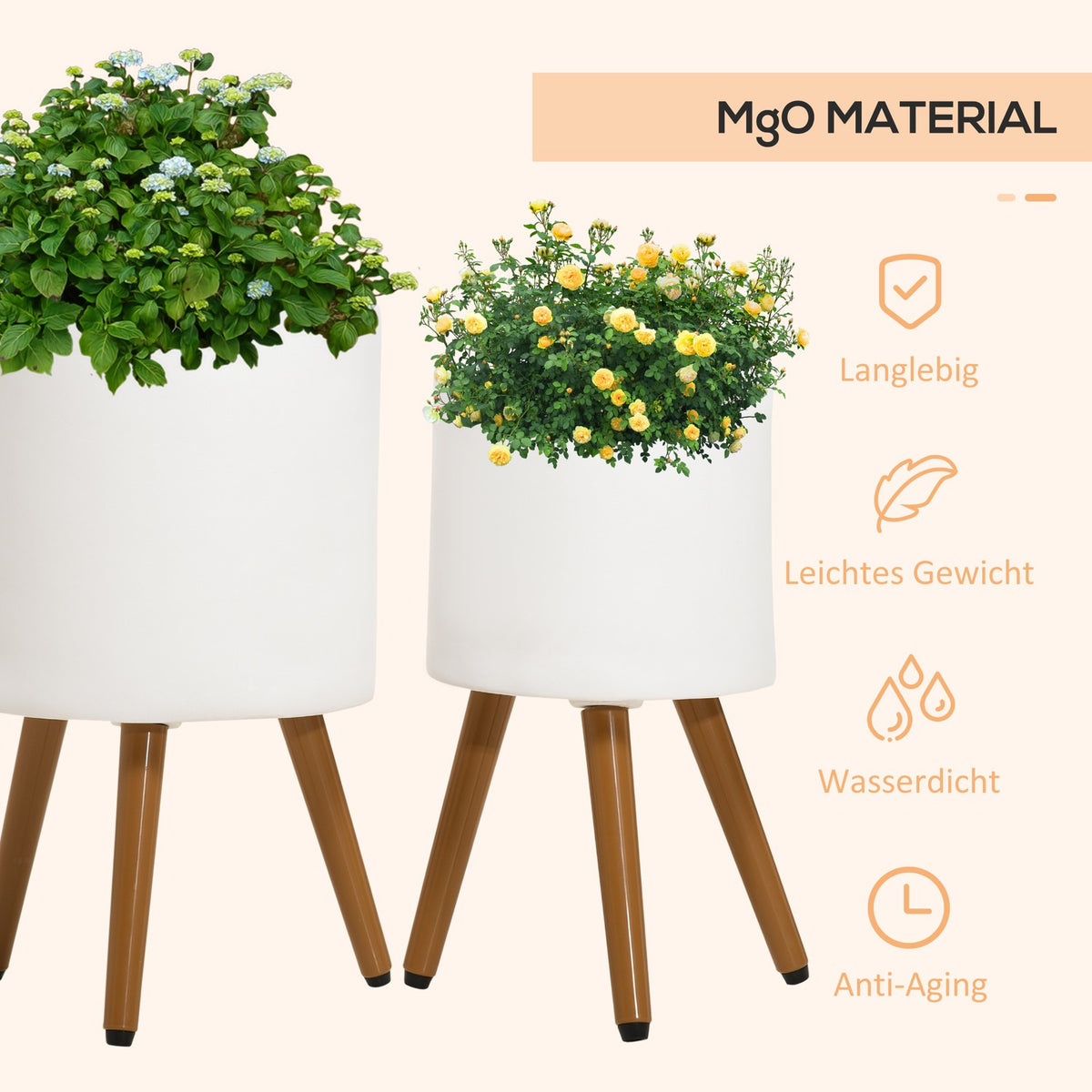 Plant Pots Set Of 2 Flower Pots With Removable Feet & Drainage Holes, For Indoor & Outdoor Use, Mgo, White