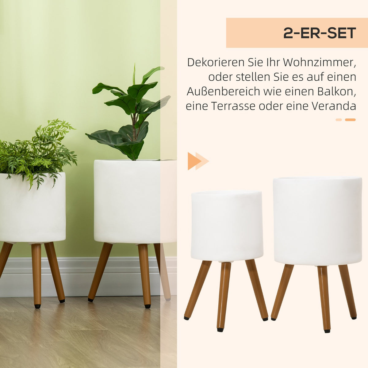 Plant Pots Set Of 2 Flower Pots With Removable Feet & Drainage Holes, For Indoor & Outdoor Use, Mgo, White