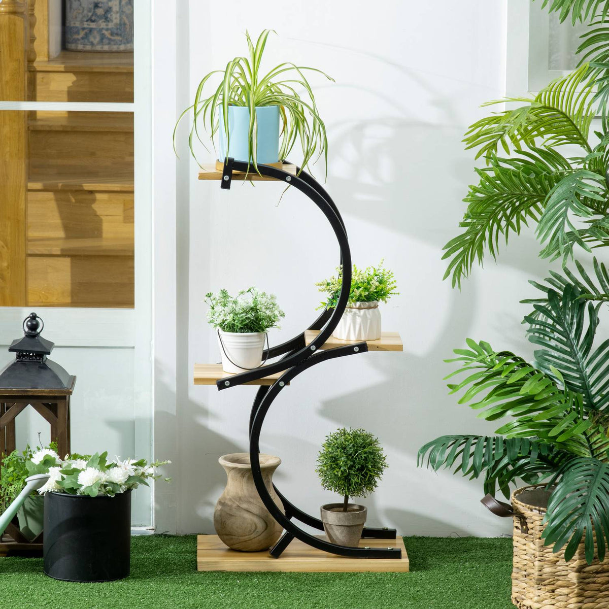 Plant Shelf S-Shaped 4-Tier Flower Stairs, Plant Stand With Metal Frame, Solid Wood, Black, 46X25X91Cm
