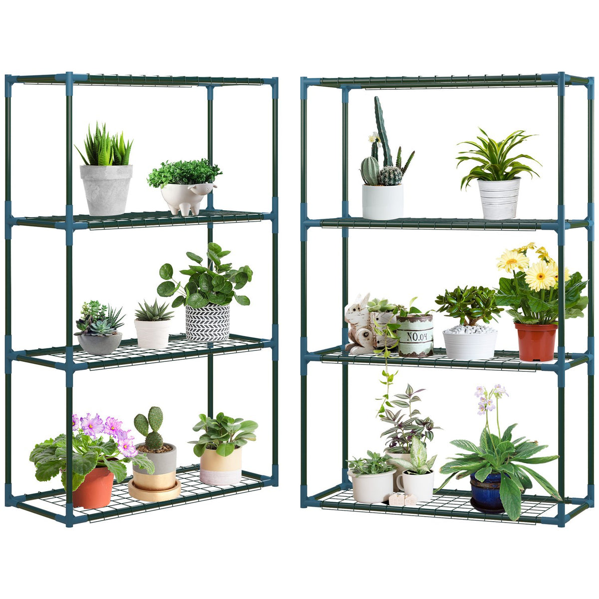 Plant Shelf Set Of 2 4 Tier Flower Pot Holders For Balcony/Garden, Steel, Green, 70X27X110Cm
