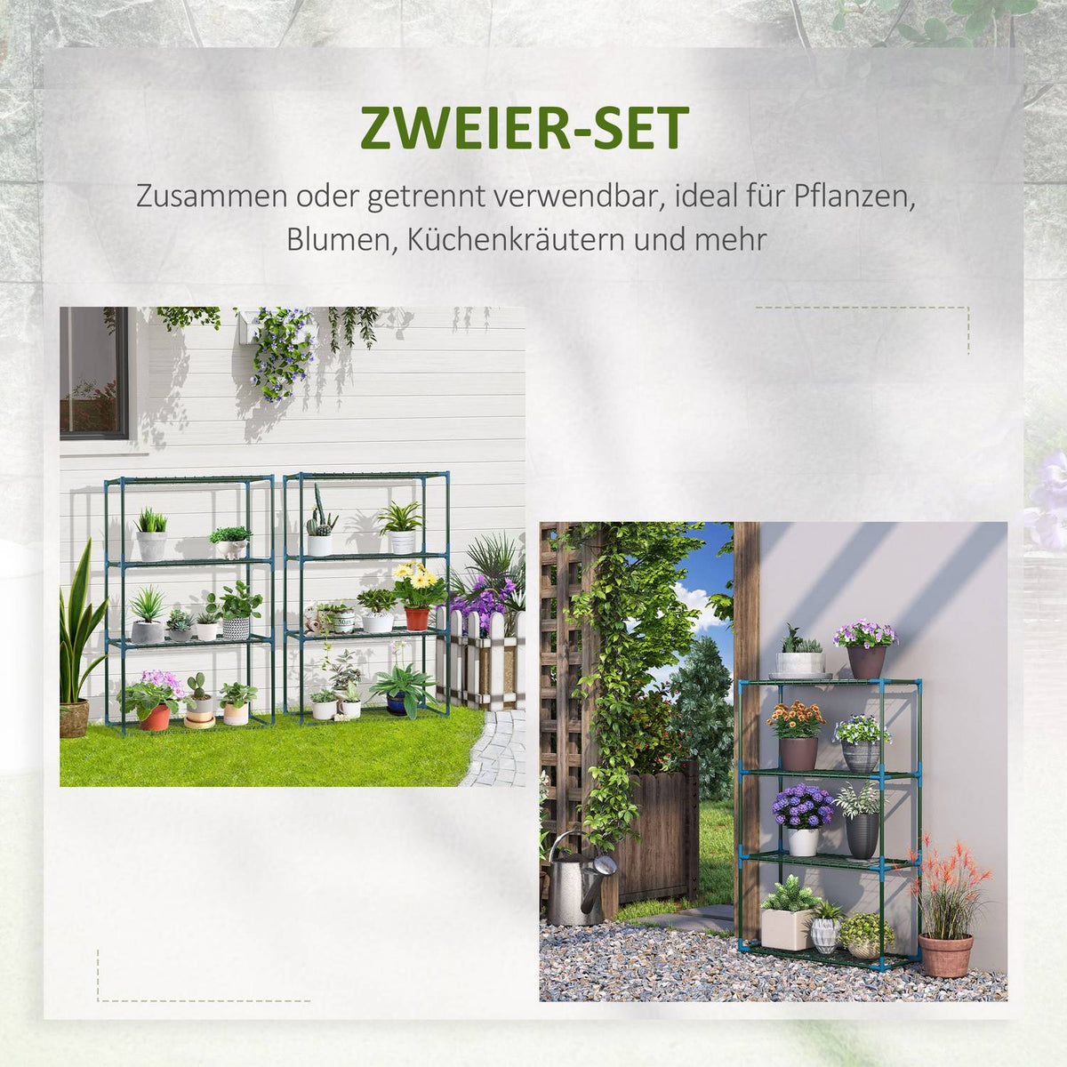 Plant Shelf Set Of 2 4 Tier Flower Pot Holders For Balcony/Garden, Steel, Green, 70X27X110Cm