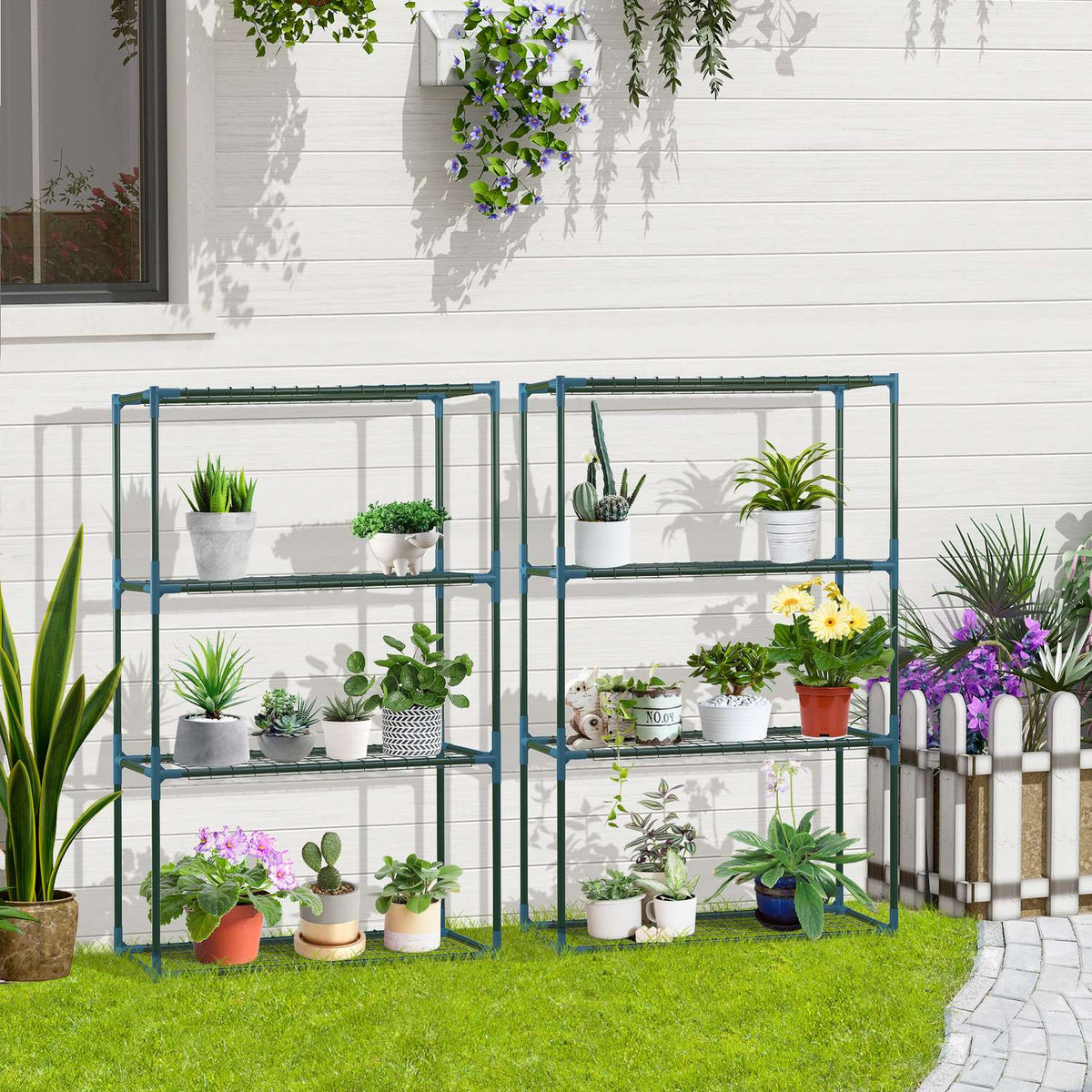 Plant Shelf Set Of 2 4 Tier Flower Pot Holders For Balcony/Garden, Steel, Green, 70X27X110Cm
