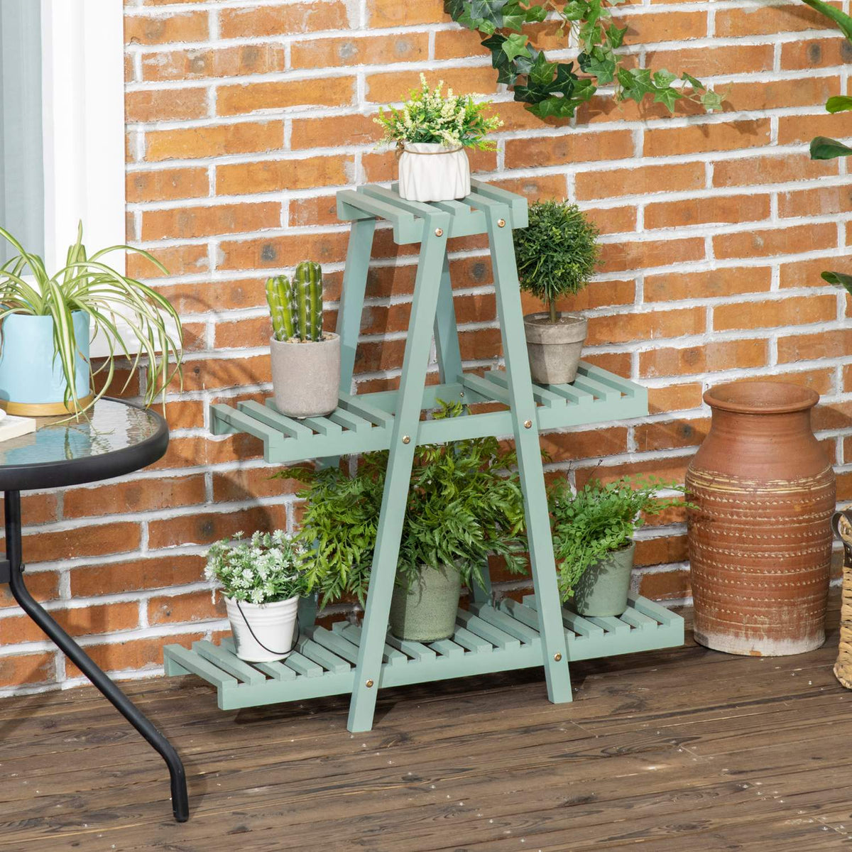 Plant Shelf With 3 Steps Flower Shelf For 6 Flower Pots, Plant Stairs For Garden, Wood, Light Green, 76X26X76Cm